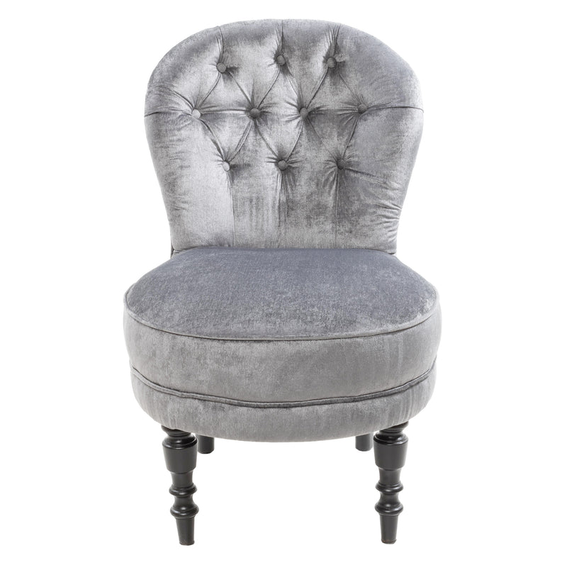 Fully Restored Grey Button Tufted Italian Provincial Slipper Chair with Matte Black Painted Carved Show Wood