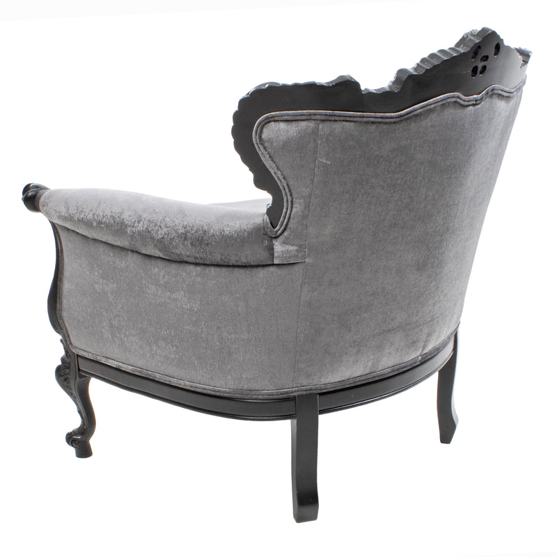 Fully Restored Grey Button Tufted Italian Provincial Wing Chair with Matte Black Painted Carved Show Wood