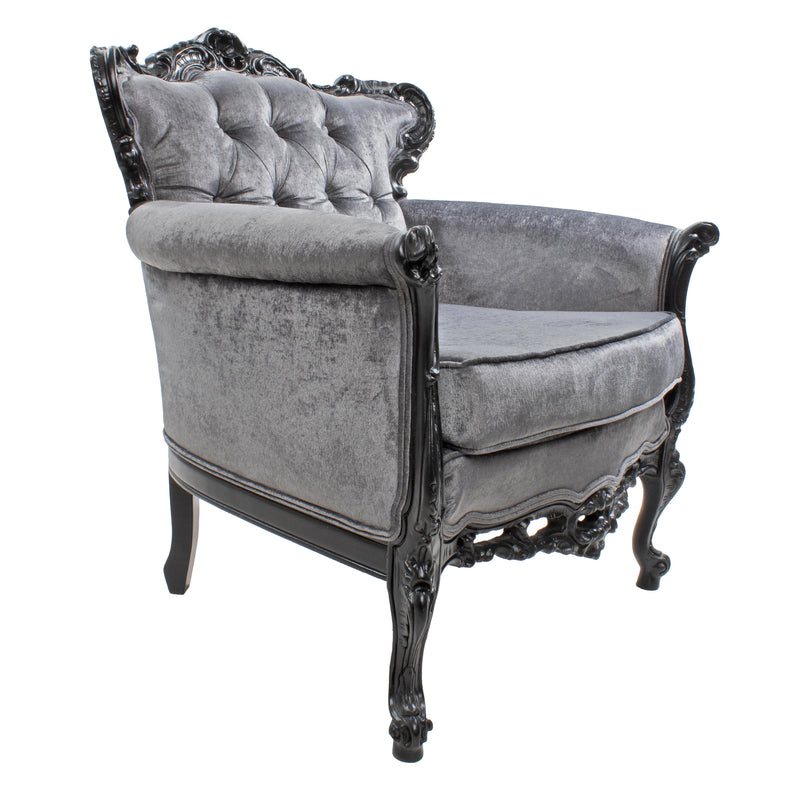 Fully Restored Grey Button Tufted Italian Provincial Wing Chair with Matte Black Painted Carved Show Wood