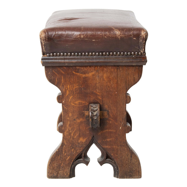 Quarter Cut Oak Footstool with Ornate Carved Bar and Leather Upholstered Top
