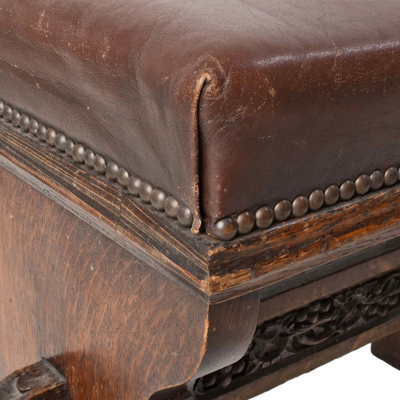 Quarter Cut Oak Footstool with Ornate Carved Bar and Leather Upholstered Top