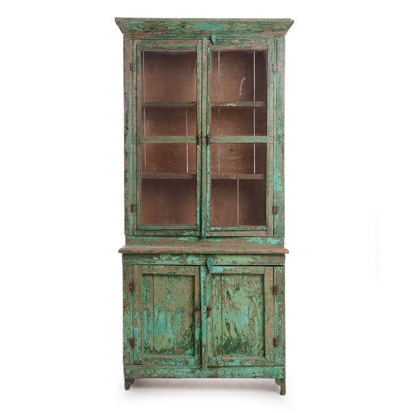 Rare Green Painted Pine Hutch with 2 Upper Screen Doors and 2 Lower Doors