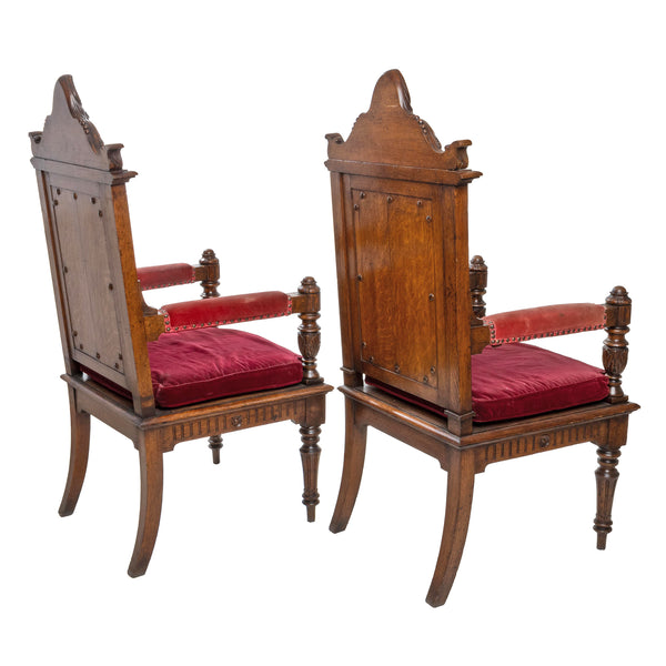 Rare Oak Victorian Throne/ Hall Chairs with Fielded Center Panel, Carved Moldings, Carved Pediment, and Turned/ Carved Leg & Arm Supports (Pair)