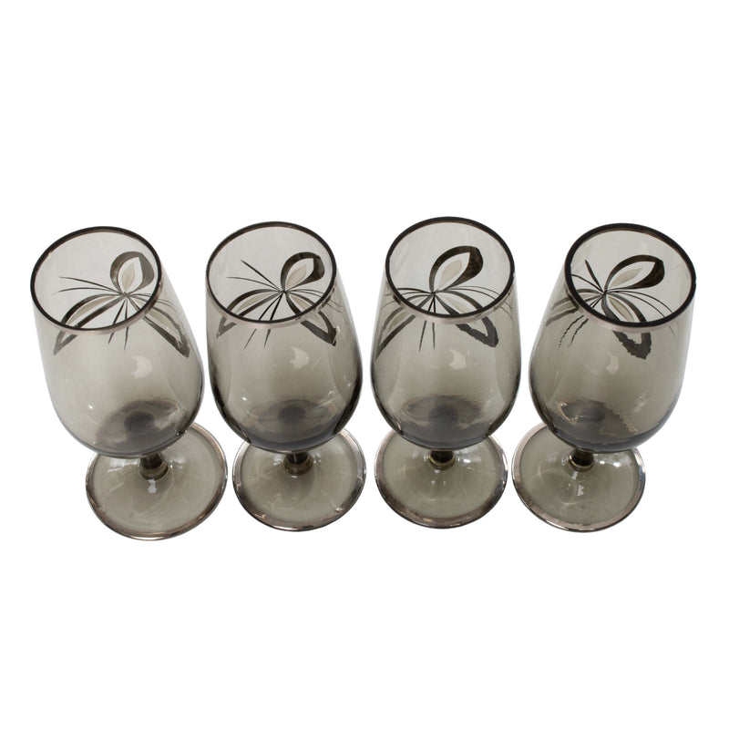 Smoke Glass Decanter and 4 Liqueur Glasses with Hand Painted Floral Design