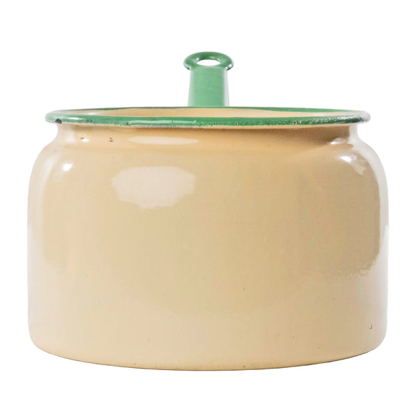 Beige and Green Enamelware Pot with Handle