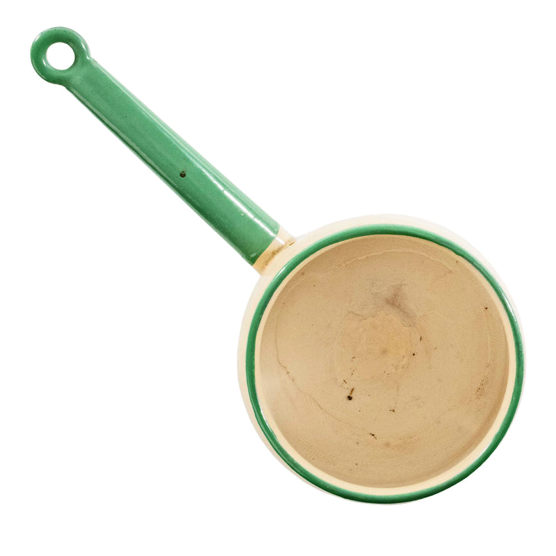 Beige and Green Enamelware Pot with Handle