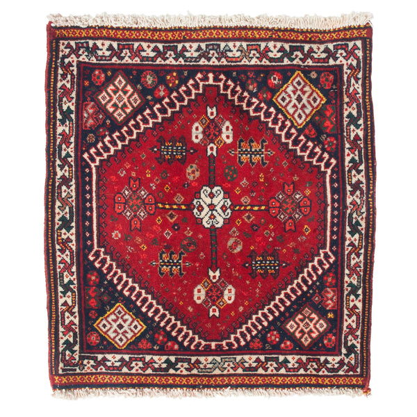 Red, Navy and Cream Hand Woven Persian Prayer Rug with 4 Corner Diamond Shapes