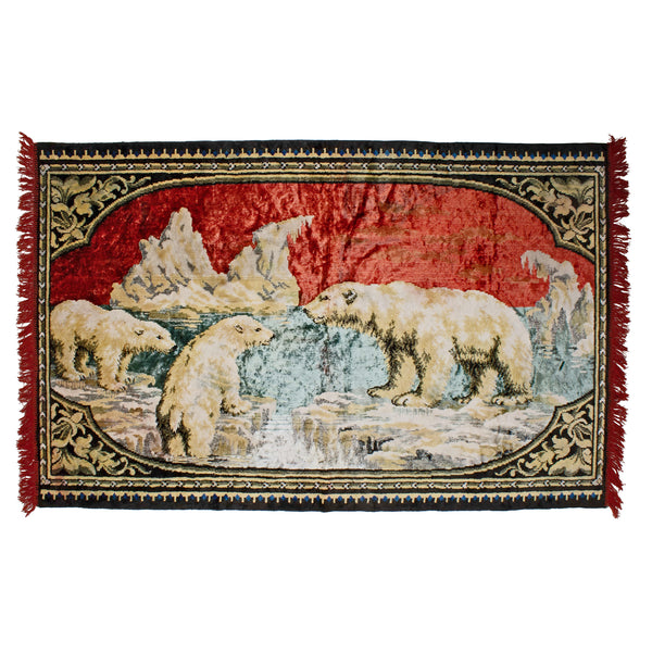 Velour Wall Tapestry of Polar Bears with Red Fringe