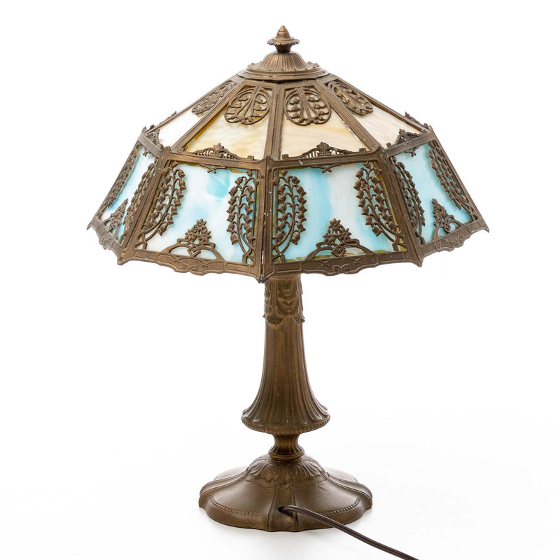 Cast Base Table Lamp with Blue and White Slag Glass Shade