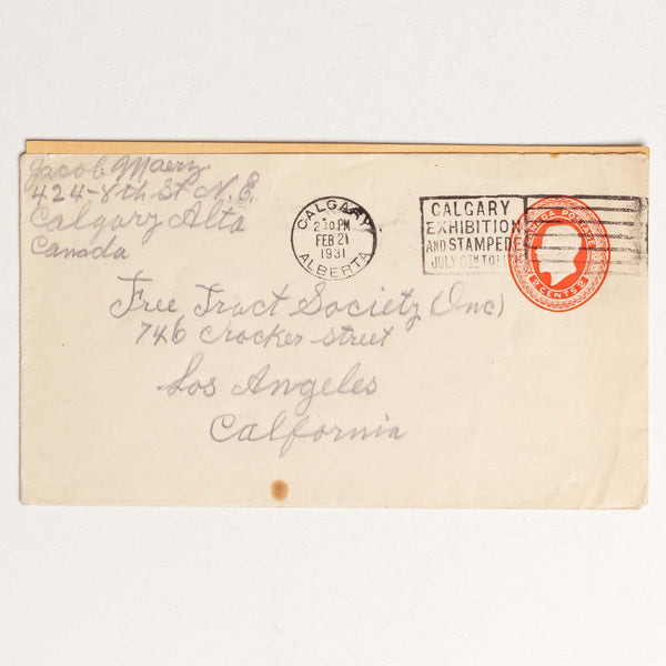 Tract Society Envelope - 1931, Calgary Stampede Stamp