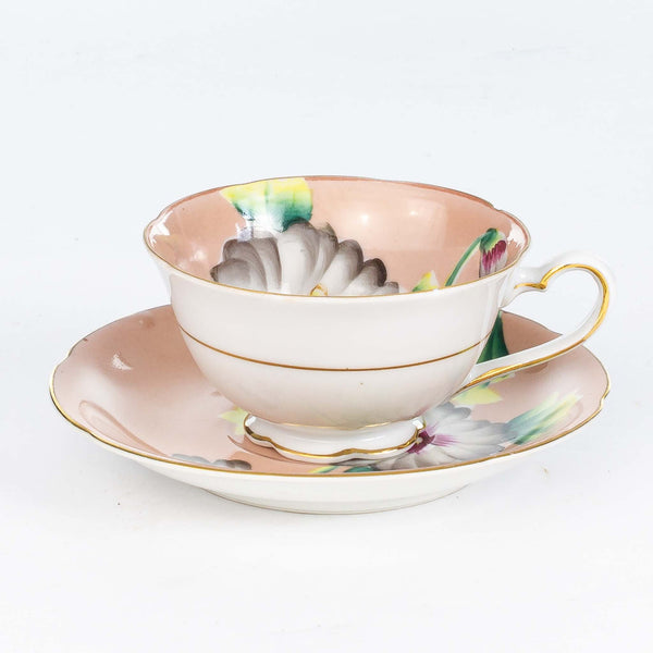 Pink Trimont Cup & Saucer with Hand Painted Grey Flowers