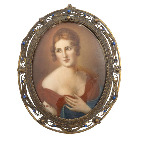 19th Century Miniature Portrait of Lady in Etched & Pierced Brass Frame Adorned with 16 Stones