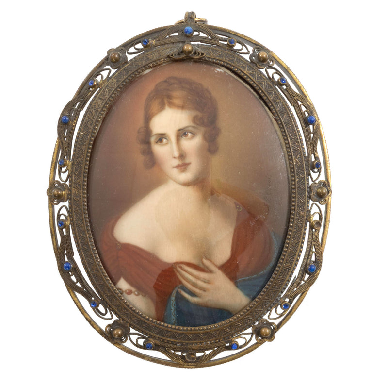 19th Century Miniature Portrait of Lady in Etched & Pierced Brass Frame Adorned with 16 Stones