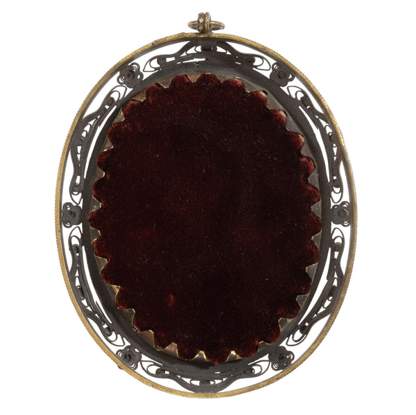 19th Century Miniature Portrait of Lady in Etched & Pierced Brass Frame Adorned with 16 Stones