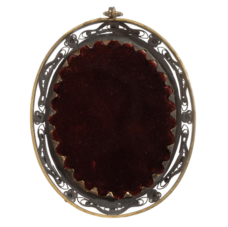19th Century Miniature Portrait of Lady in Etched & Pierced Brass Frame Adorned with 16 Stones