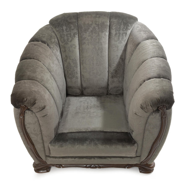 Art Deco Style Tub Chair w/ Pleated Grey Damask Upholstery and Carved Maple Trim & Feet