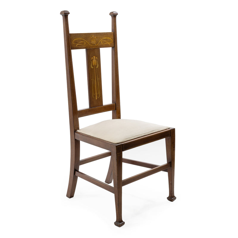 Art Nouveau Marquetry Inlaid Mahogany Side Chair w/ Cream Upholstery