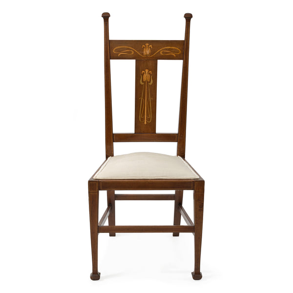 Art Nouveau Marquetry Inlaid Mahogany Side Chair w/ Cream Upholstery