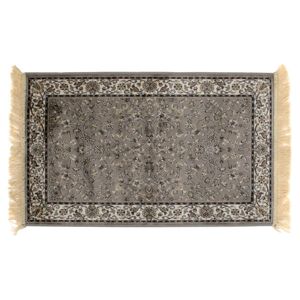 Classic Silver/ Brown Floral Man Made 100% Silk Viscose Rug w/ Fringe