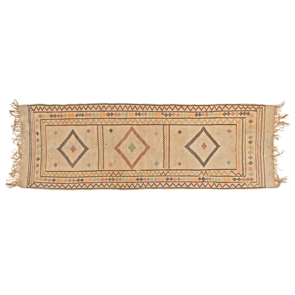 Beige, Brown, Green & Orange Geometric Handmade 100% Wool Persian Kilim Fringed Runner