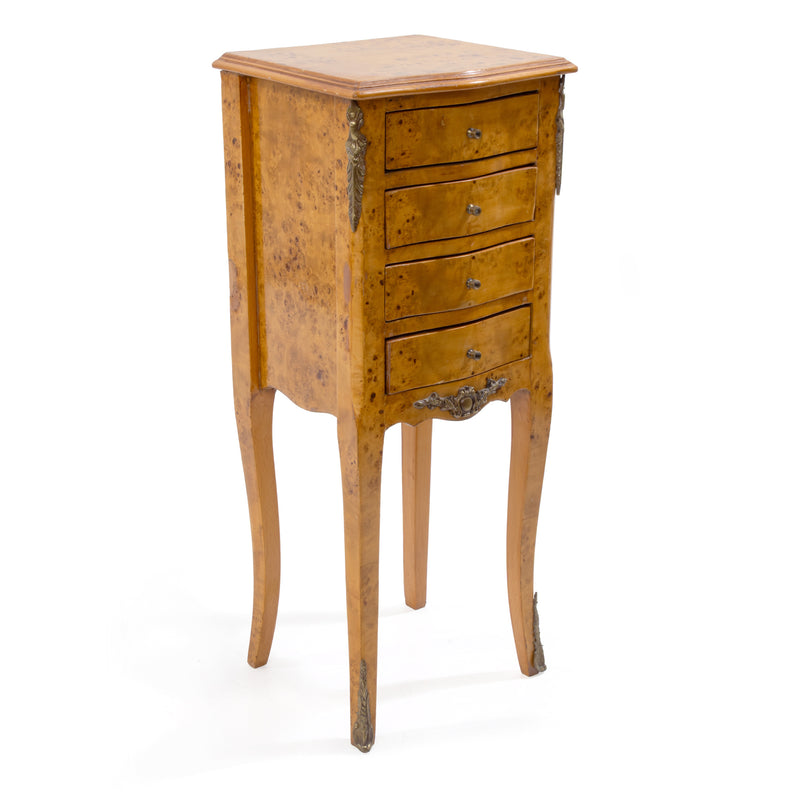 Bird's Eye Maple Louis XIV Style 4 Drawer End Table w/ Ornate Mounts