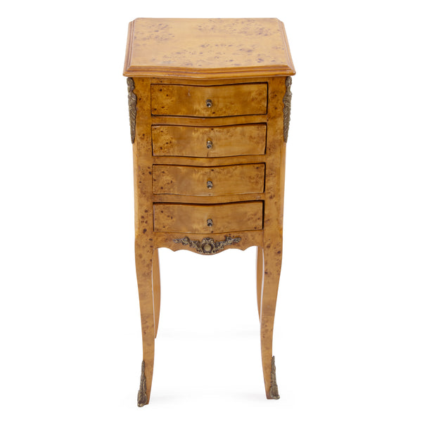 Bird's Eye Maple Louis XIV Style 4 Drawer End Table w/ Ornate Mounts