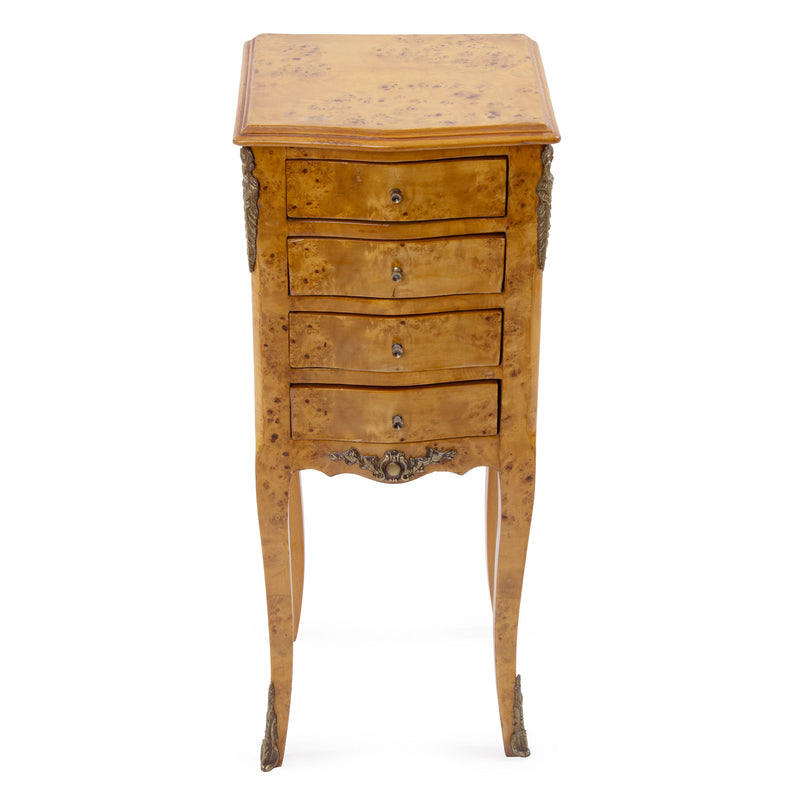 Bird's Eye Maple Louis XIV Style 4 Drawer End Table w/ Ornate Mounts