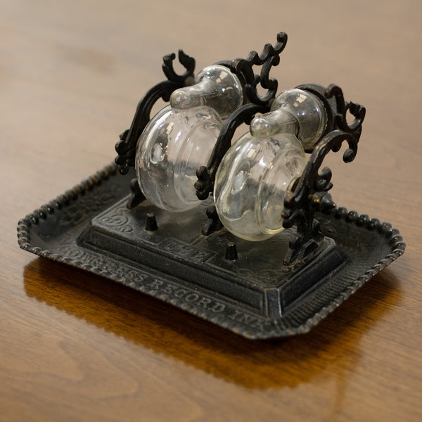 Black Cast Iron Dual Tilting "Snail" Inkwell Tray (As Is)