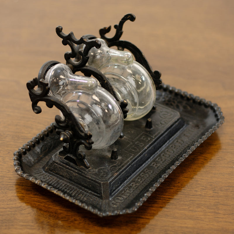 Black Cast Iron Dual Tilting "Snail" Inkwell Tray (As Is)