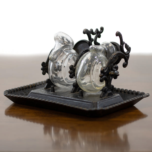 Black Cast Iron Dual Tilting "Snail" Inkwell Tray (As Is)