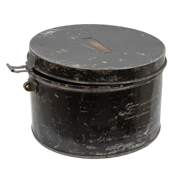 Black Tin Hat Box with Brass Plaque