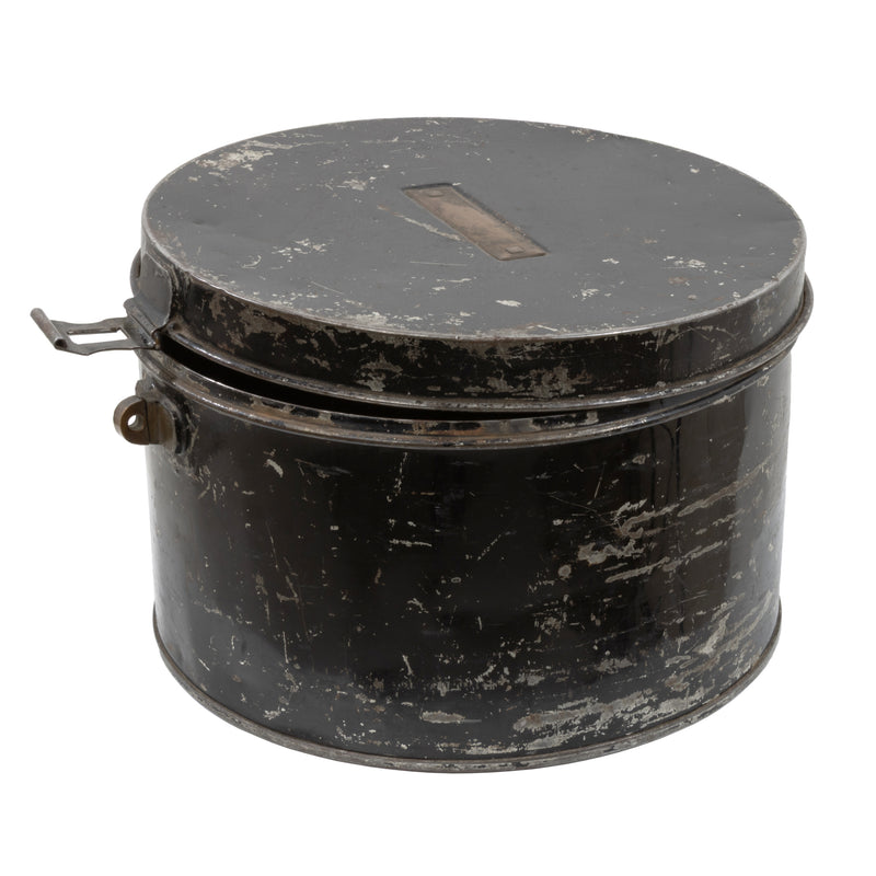 Black Tin Hat Box with Brass Plaque