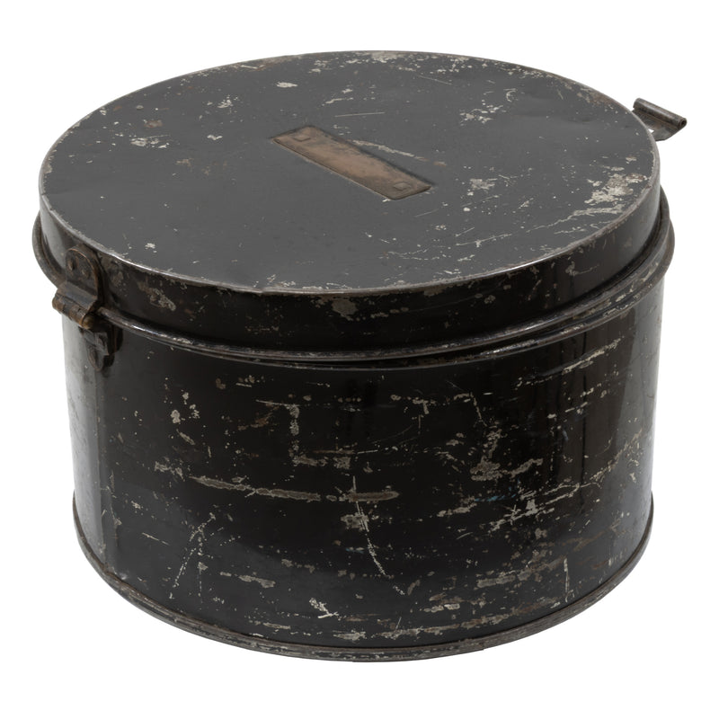Black Tin Hat Box with Brass Plaque