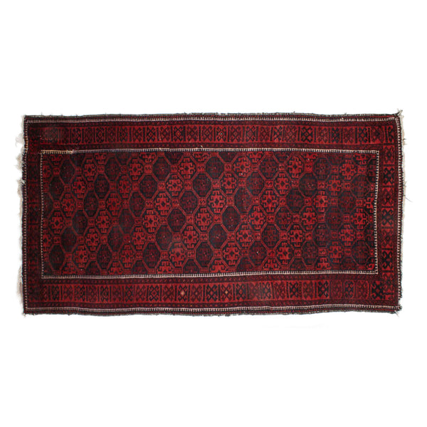 Black and Red Wool Rug w/ Worn Fringe