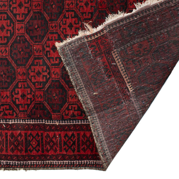 Black and Red Wool Rug w/ Worn Fringe