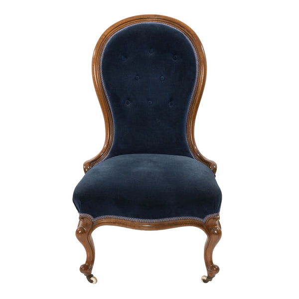 Victorian Walnut and Royal Blue Button Tufted Velvet Slipper Chair on Porcelain Casters
