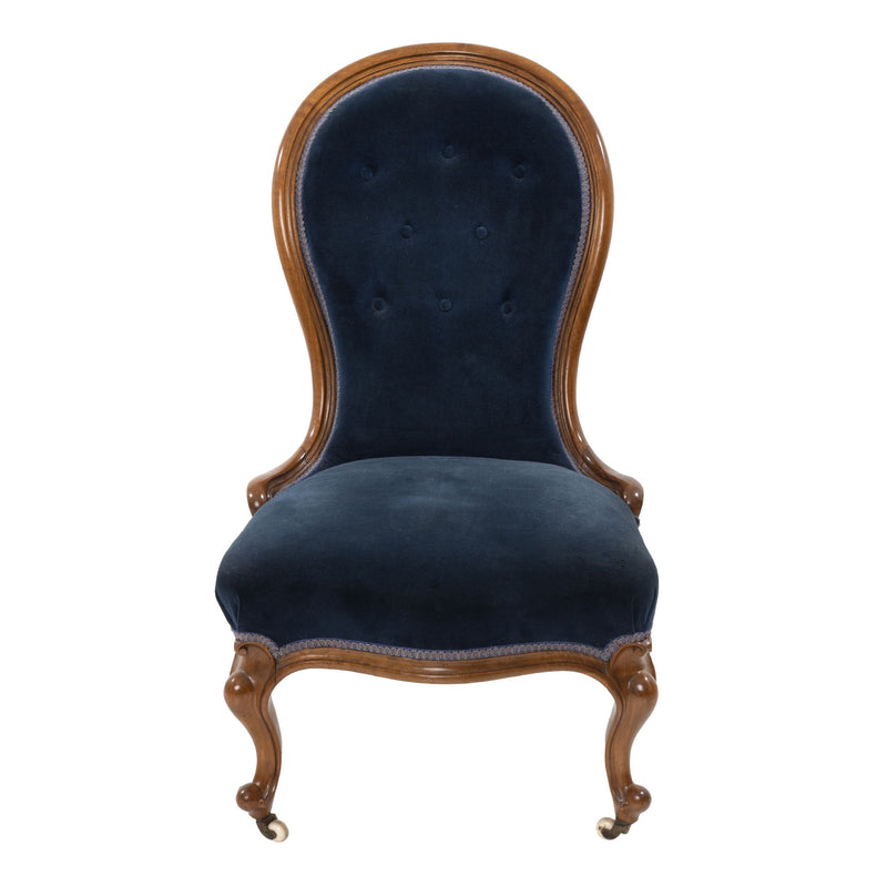 Victorian Walnut and Royal Blue Button Tufted Velvet Slipper Chair on Porcelain Casters