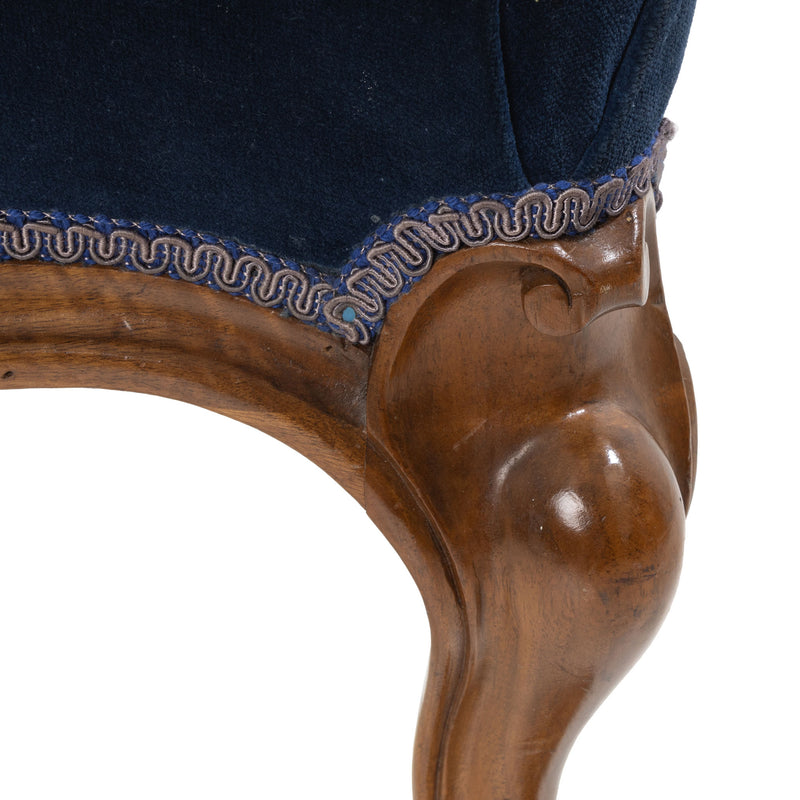 Victorian Walnut and Royal Blue Button Tufted Velvet Slipper Chair on Porcelain Casters