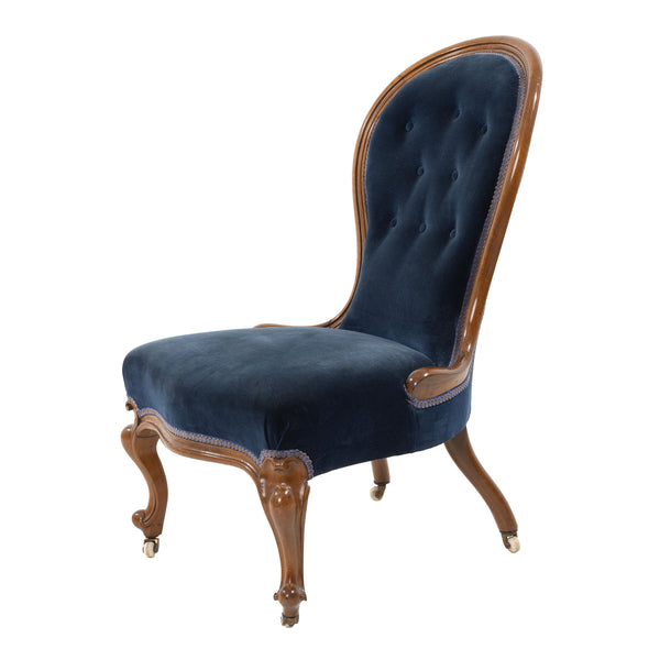 Victorian Walnut and Royal Blue Button Tufted Velvet Slipper Chair on Porcelain Casters
