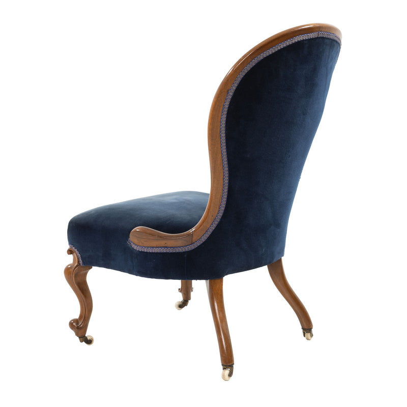 Victorian Walnut and Royal Blue Button Tufted Velvet Slipper Chair on Porcelain Casters