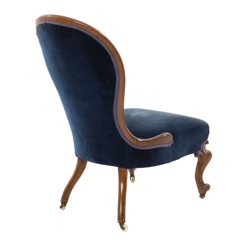 Victorian Walnut and Royal Blue Button Tufted Velvet Slipper Chair on Porcelain Casters