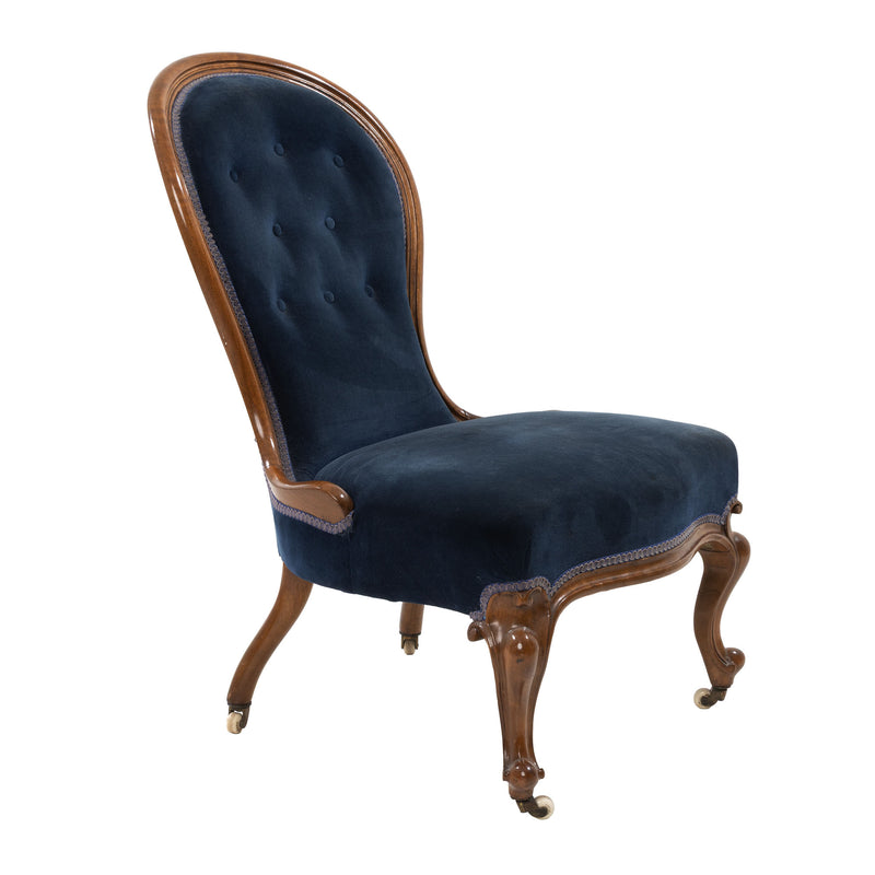 Victorian Walnut and Royal Blue Button Tufted Velvet Slipper Chair on Porcelain Casters