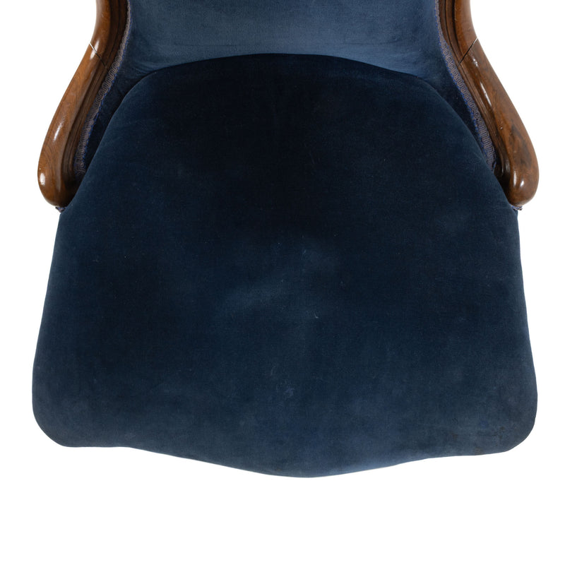 Victorian Walnut and Royal Blue Button Tufted Velvet Slipper Chair on Porcelain Casters