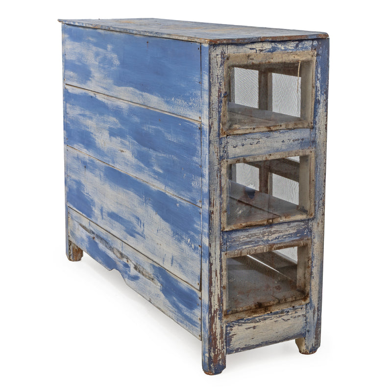 Blue over White Crackle Painted Georgian Pine Pie Safe with Wire Mesh Panelled Doors and Sides