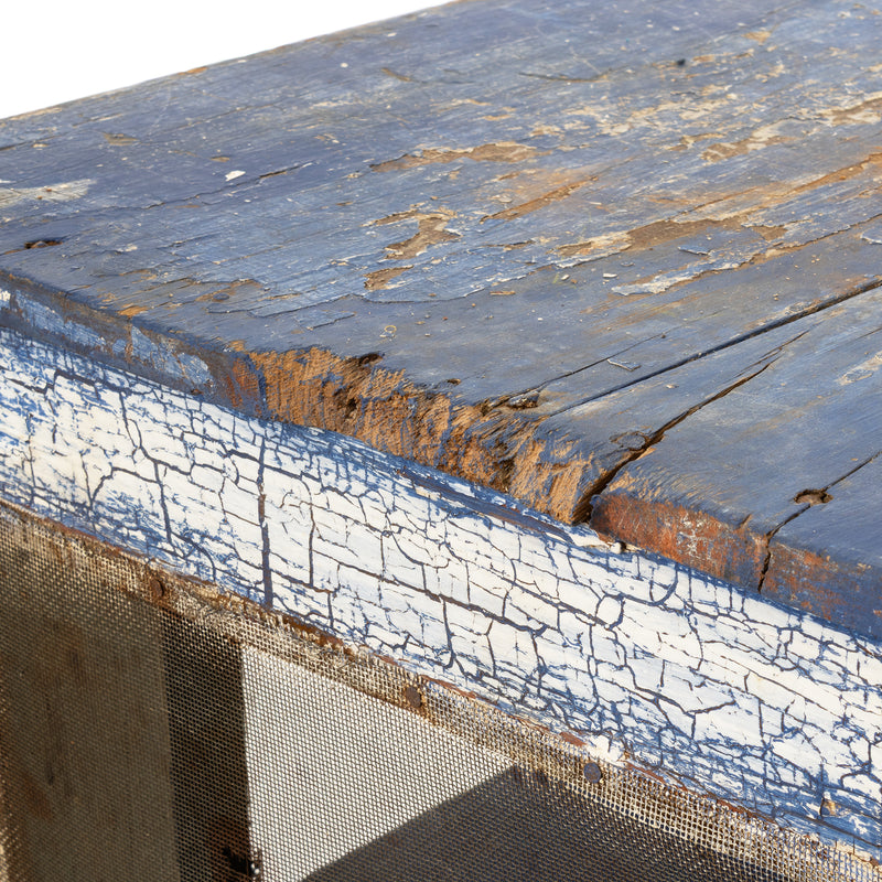 Blue over White Crackle Painted Georgian Pine Pie Safe with Wire Mesh Panelled Doors and Sides