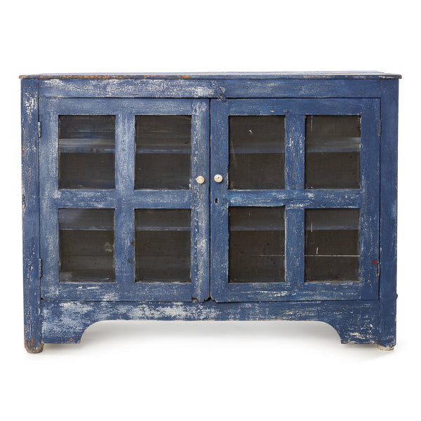 Blue over White Crackle Painted Georgian Pine Pie Safe with Wire Mesh Panelled Doors and Sides