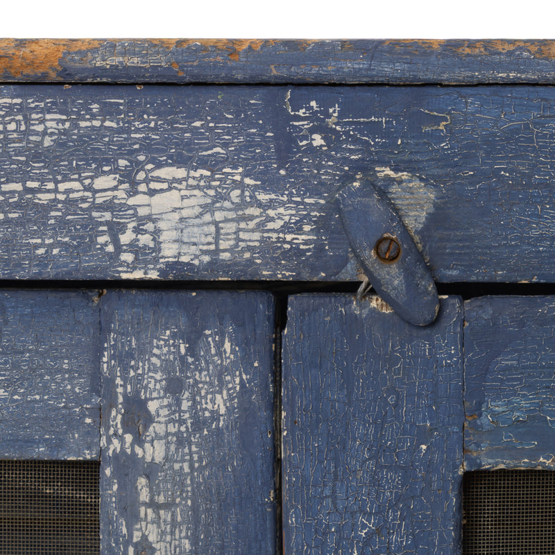 Blue over White Crackle Painted Georgian Pine Pie Safe with Wire Mesh Panelled Doors and Sides