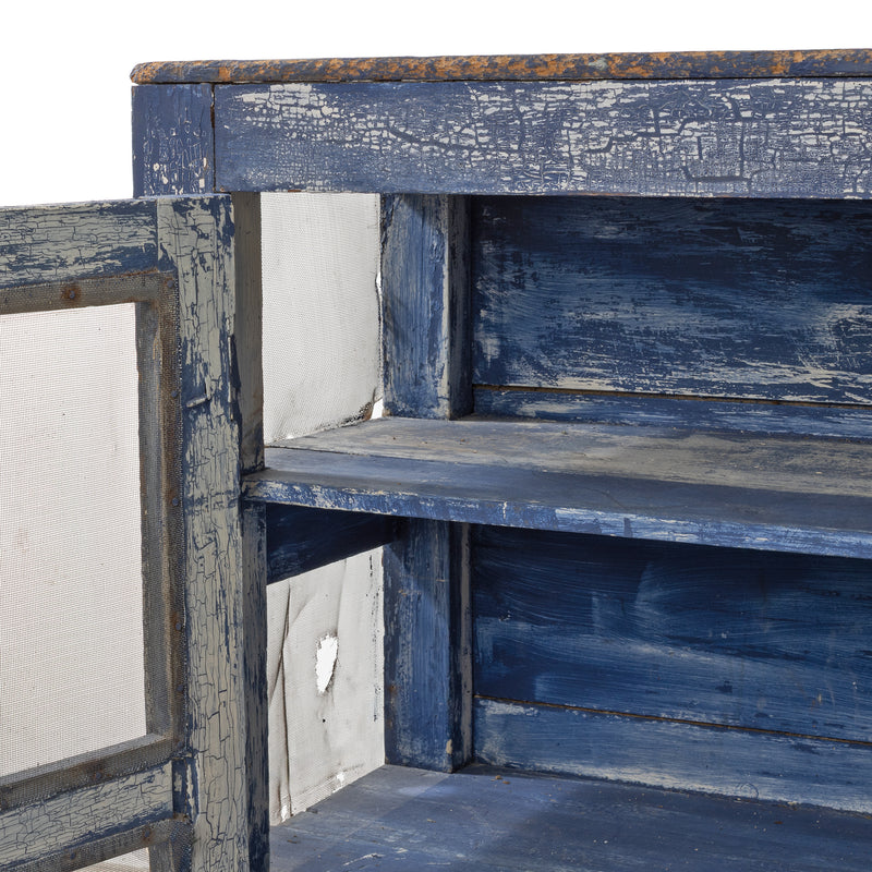 Blue over White Crackle Painted Georgian Pine Pie Safe with Wire Mesh Panelled Doors and Sides