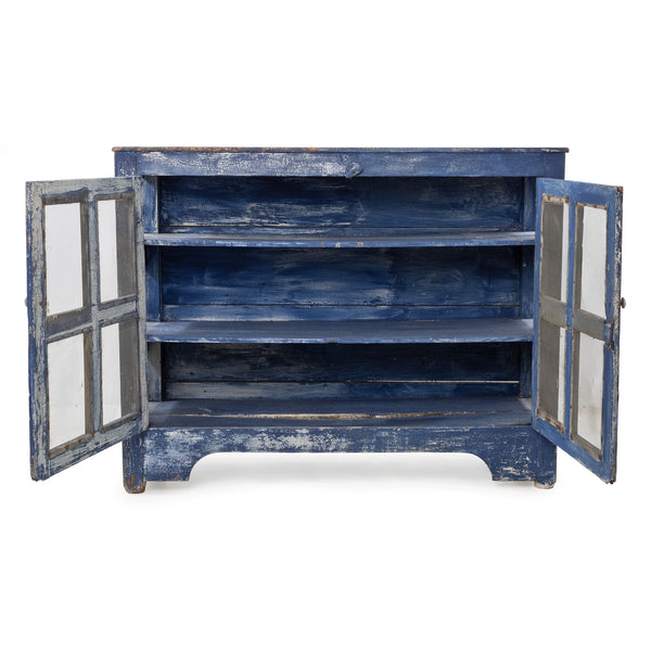 Blue over White Crackle Painted Georgian Pine Pie Safe with Wire Mesh Panelled Doors and Sides