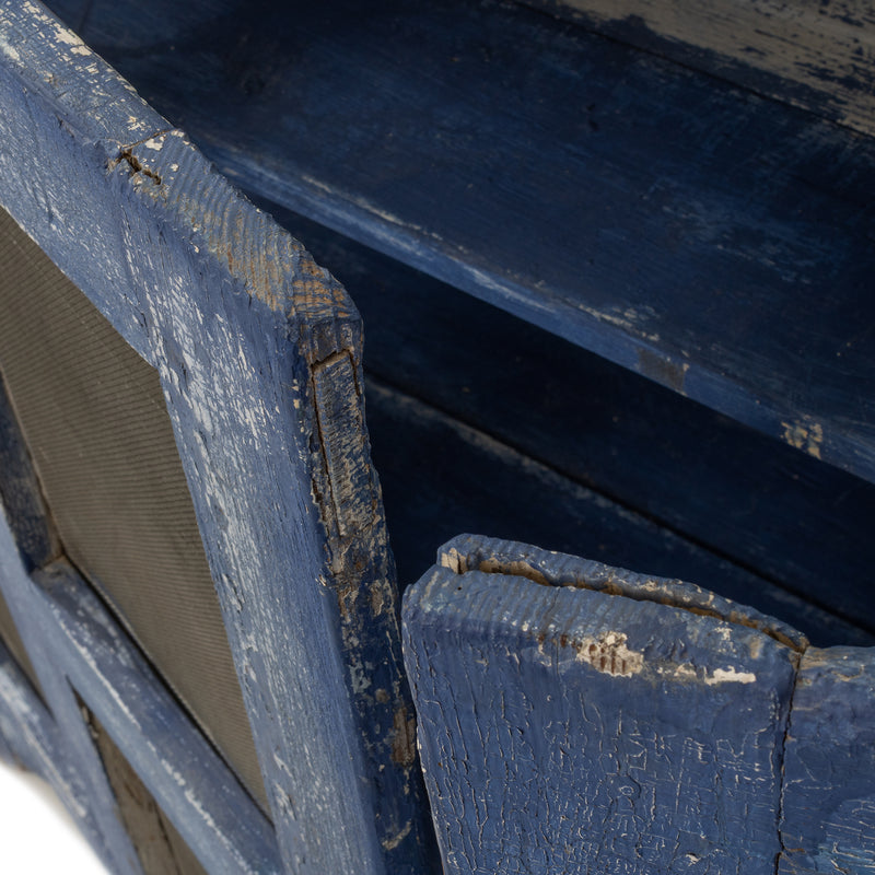 Blue over White Crackle Painted Georgian Pine Pie Safe with Wire Mesh Panelled Doors and Sides